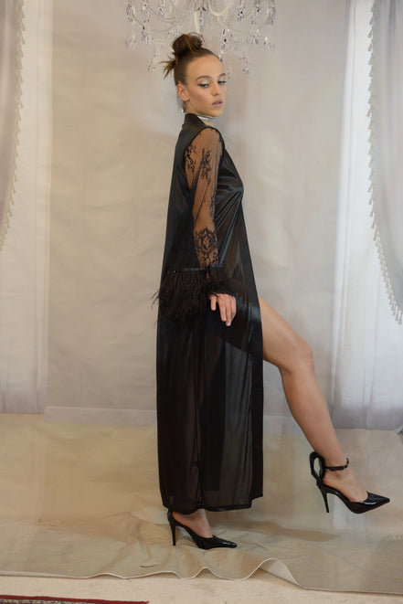 Satin Robe Set with Ostrich Feather Trim
