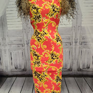 Red/Gold/Black bodycon dress with Stenciled Ostrich Feather Sleeves