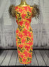 Red/Gold/Black bodycon dress with Stenciled Ostrich Feather Sleeves