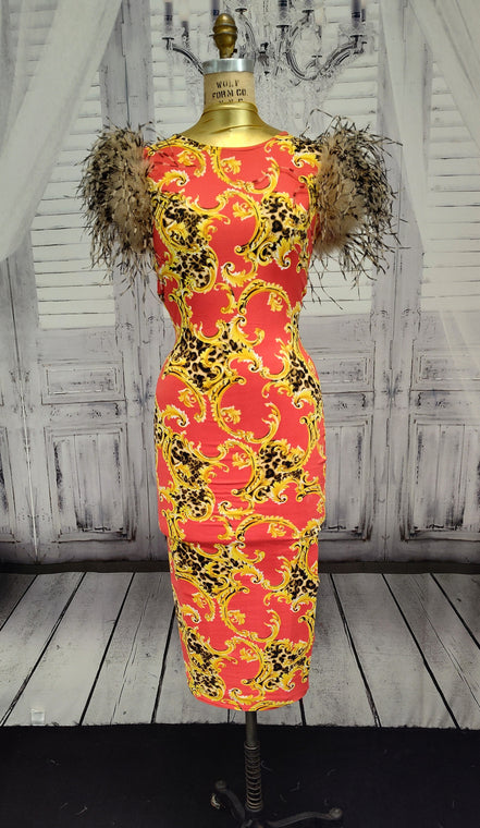 Red/Gold/Black bodycon dress with Stenciled Ostrich Feather Sleeves