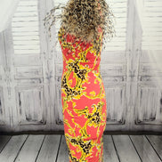 Red/Gold/Black bodycon dress with Stenciled Ostrich Feather Sleeves
