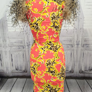 Red/Gold/Black bodycon dress with Stenciled Ostrich Feather Sleeves