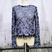 Denim Lace Mesh Top with Ostrich Feather Cuffs & Hem