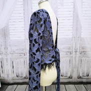 Denim Lace Mesh Top with Ostrich Feather Cuffs & Hem