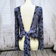 Denim Lace Mesh Top with Ostrich Feather Cuffs & Hem
