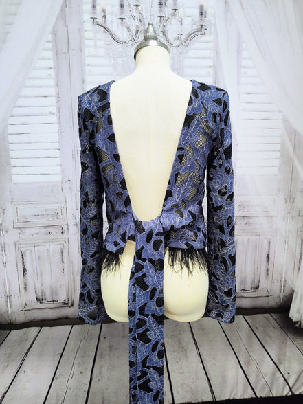Denim Lace Mesh Top with Ostrich Feather Cuffs & Hem