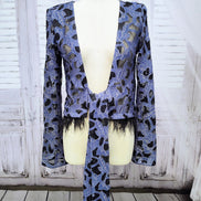 Denim Lace Mesh Top with Ostrich Feather Cuffs & Hem