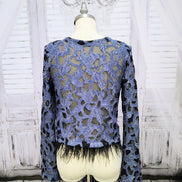 Denim Lace Mesh Top with Ostrich Feather Cuffs & Hem