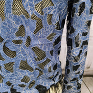 Denim Lace Mesh Top with Ostrich Feather Cuffs & Hem
