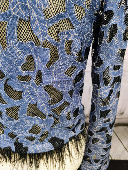 Denim Lace Mesh Top with Ostrich Feather Cuffs & Hem