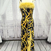 Marabou Feather Trim Jumpsuit with Slit