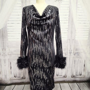 Black knit and silver sequin dress with feather cuffs