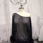 Sheer Striped Batwing Sleeve Top with Marabou Feather Cuffs