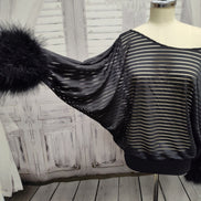 Sheer Striped Batwing Sleeve Top with Marabou Feather Cuffs