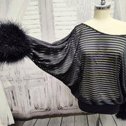Sheer Striped Batwing Sleeve Top with Marabou Feather Cuffs