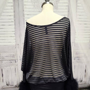 Sheer Striped Batwing Sleeve Top with Marabou Feather Cuffs