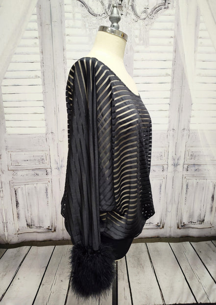 Sheer Striped Batwing Sleeve Top with Marabou Feather Cuffs