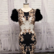 Marabou Feather Puff Short Sleeve Bodycon Dress