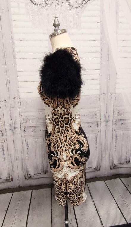 Marabou Feather Puff Short Sleeve Bodycon Dress
