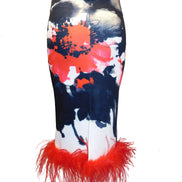 Ostrich Feather Hem Floral Pencil Skirt