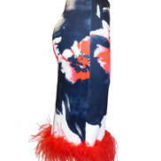 Ostrich Feather Hem Floral Pencil Skirt