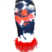 Ostrich Feather Hem Floral Pencil Skirt