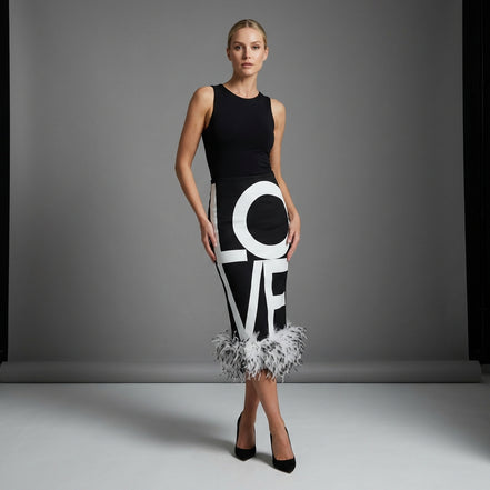 Feather Hem black and white 'LOVE' Pencil Skirt