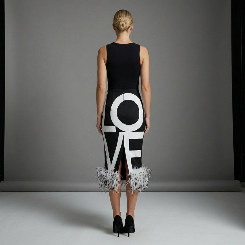 Feather Hem black and white 'LOVE' Pencil Skirt