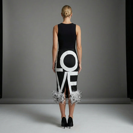 Feather Hem black and white 'LOVE' Pencil Skirt