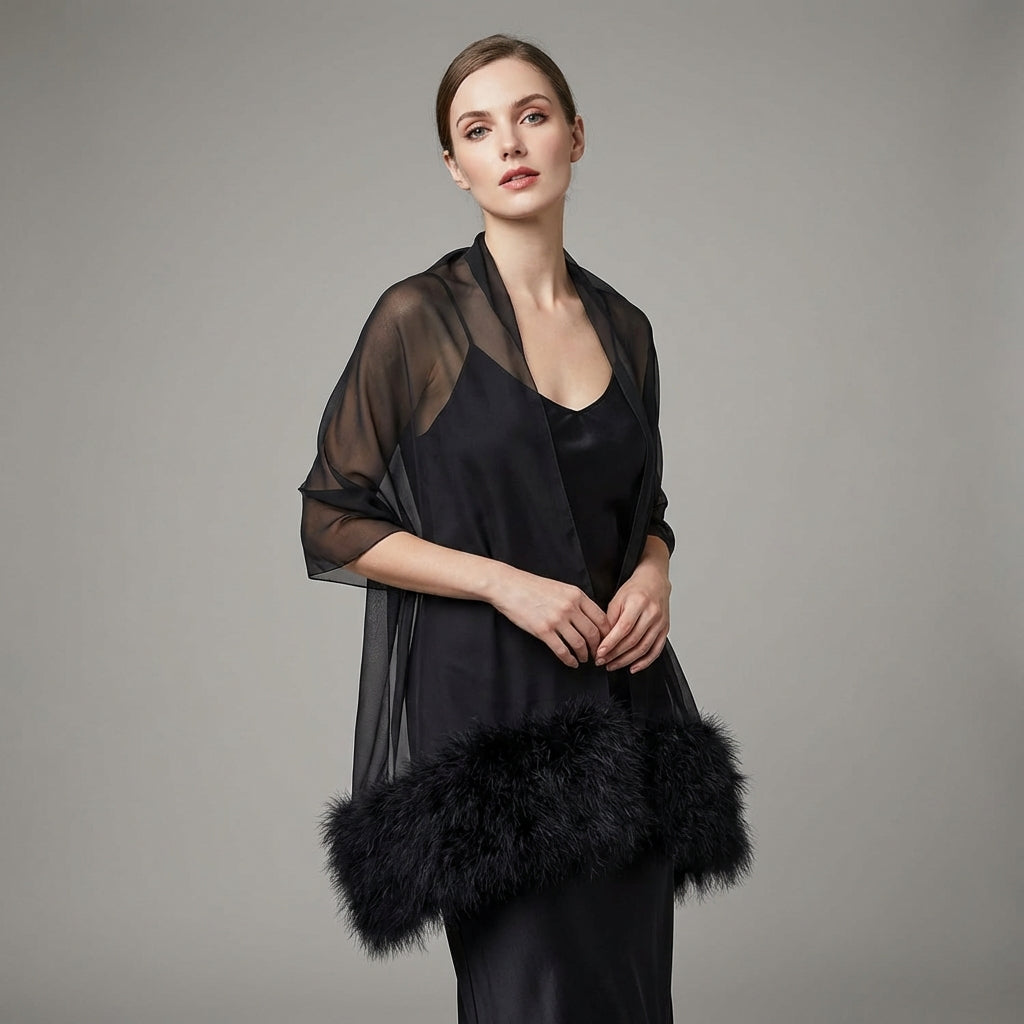 Faux Fur Feather Chiffon Shawl