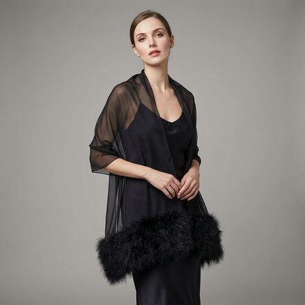 Faux Fur Feather Chiffon Shawl