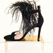 Black Suede and Ostrich Feather Strappy Ankle shoe