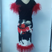 Ostrich Feather Hem Floral Pencil Skirt