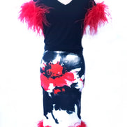 Ostrich Feather Hem Floral Pencil Skirt