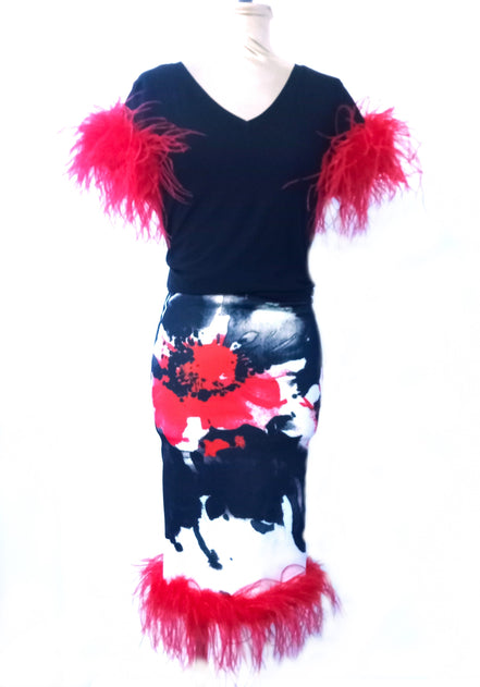 Ostrich Feather Hem Floral Pencil Skirt
