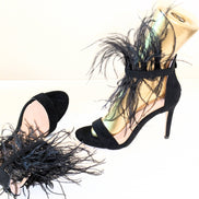 Black Suede and Ostrich Feather Strappy Ankle shoe