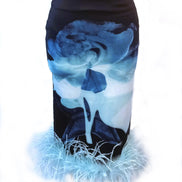 Ostrich Feather Hem Floral Pencil Skirt