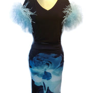 Ostrich Feather Hem Floral Pencil Skirt