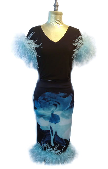 Ostrich Feather Hem Floral Pencil Skirt