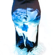 Ostrich Feather Hem Floral Pencil Skirt