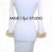 Ponte Knit Bodycon Dress with Marabou Feather Shawl Collar & Cuffs