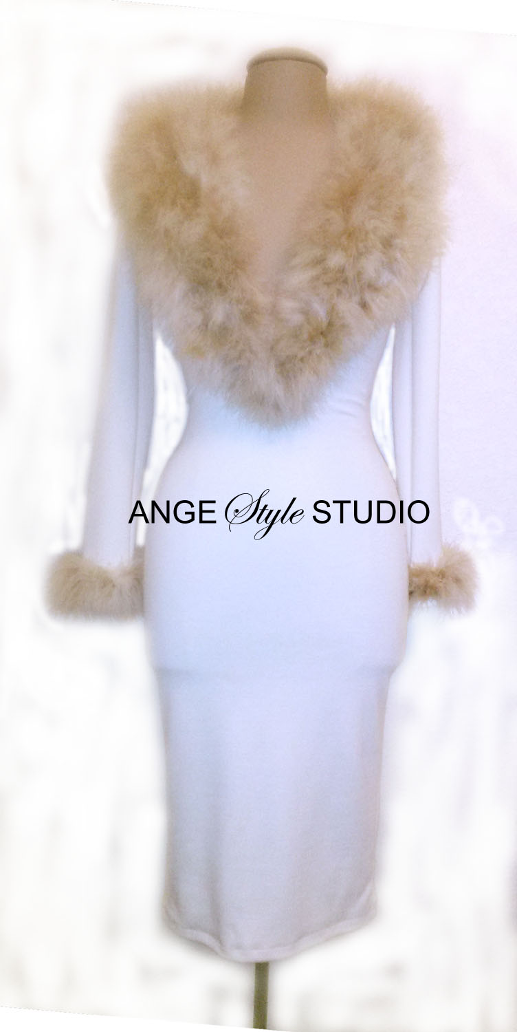 Ponte Knit Bodycon Dress with Marabou Feather Shawl Collar & Cuffs