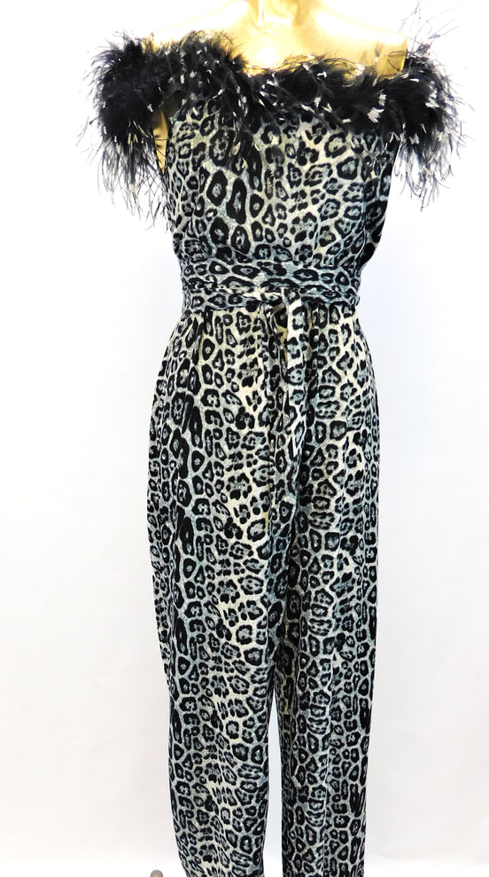 Stenciled Ostrich Feather Animal print Jumpsuit