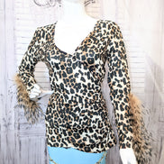 Cheetah Printed V-neck Top with Ostrich Feather Trim Sleeves