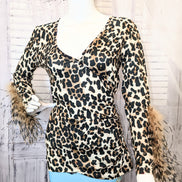 Cheetah Printed V-neck Top with Ostrich Feather Trim Sleeves