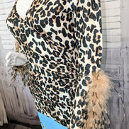 Cheetah Printed V-neck Top with Ostrich Feather Trim Sleeves