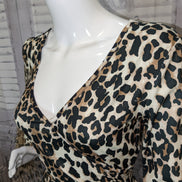 Cheetah Printed V-neck Top with Ostrich Feather Trim Sleeves