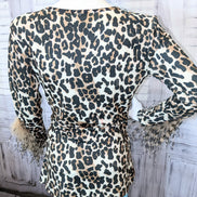 Cheetah Printed V-neck Top with Ostrich Feather Trim Sleeves