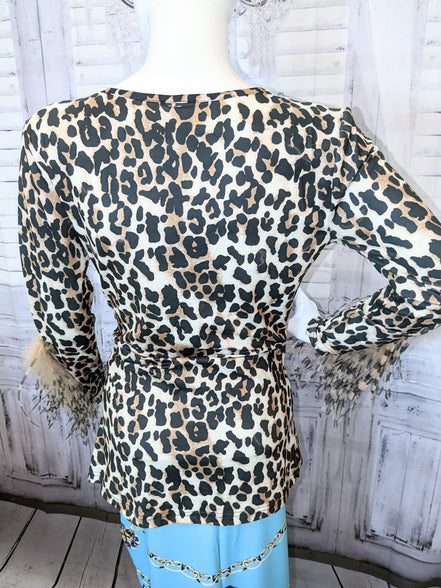 Cheetah Printed V-neck Top with Ostrich Feather Trim Sleeves