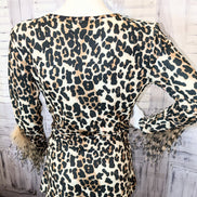 Cheetah Printed V-neck Top with Ostrich Feather Trim Sleeves